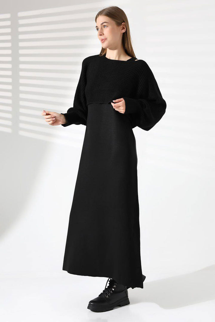 Black Bicycle Collar Knitted Pattern Crop Sweater and Knitted Dress Set BCES-241003 - Rustavi