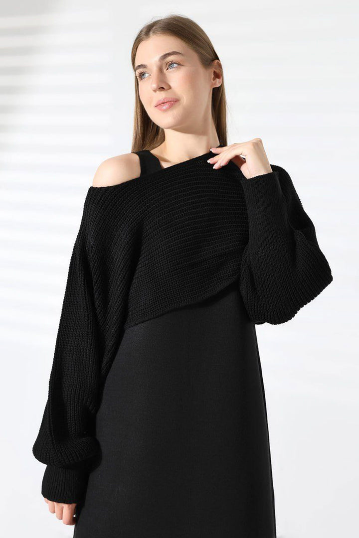 Black Bicycle Collar Knitted Pattern Crop Sweater and Knitted Dress Set BCES-241003 - Rustavi