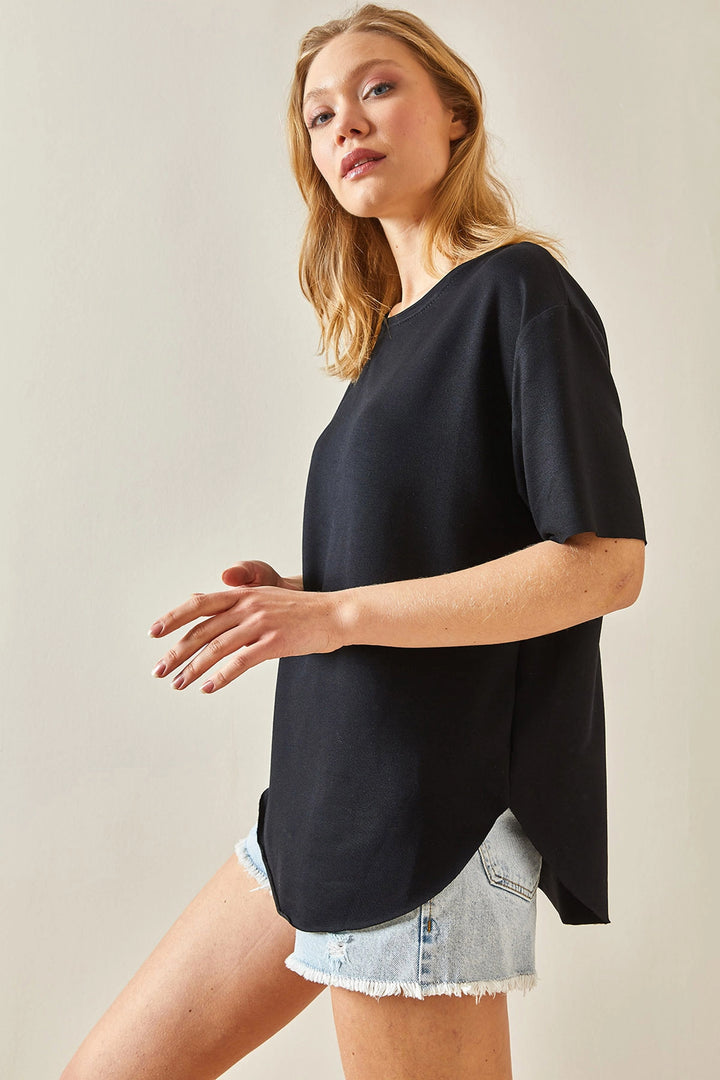Black Bicycle Neck Oys Modal Oval Cut Soft Textured Basic T-Shirt BC241115 - Mount Laurel