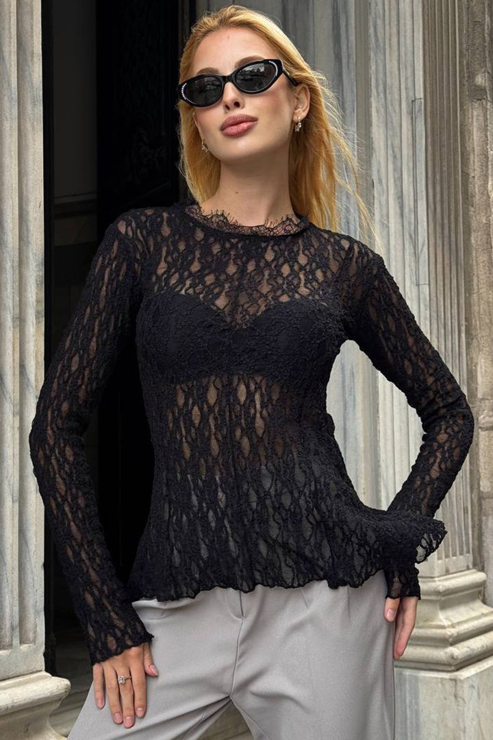 Black Bicycle Collar Pin Detailed Tulle Blouse BCHZCK-251263 - Chaves