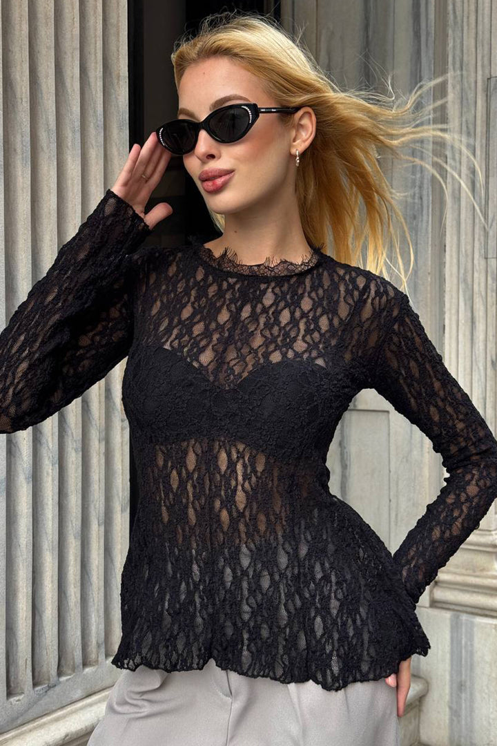 Black Bicycle Collar Pin Detailed Tulle Blouse BCHZCK-251263 - Chaves