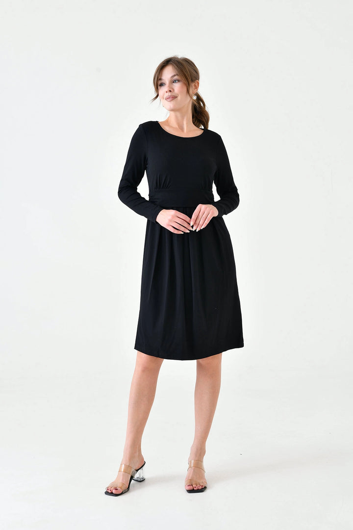 Black Bicycle Collar Pleated Wide Cut Maternity Dress BC25PKN20 - Hoogeveen