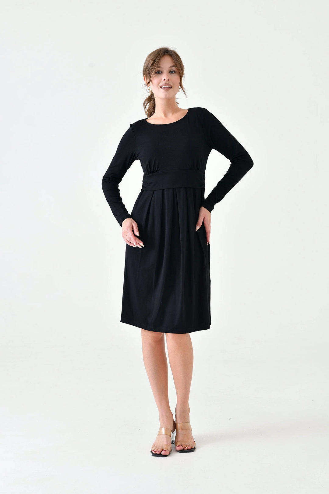 Black Bicycle Collar Pleated Wide Cut Maternity Dress BC25PKN20 - Hoogeveen