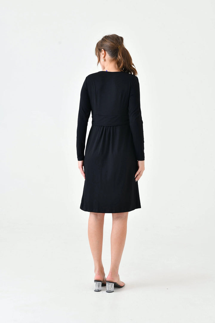 Black Bicycle Collar Pleated Wide Cut Maternity Dress BC25PKN20 - Hoogeveen