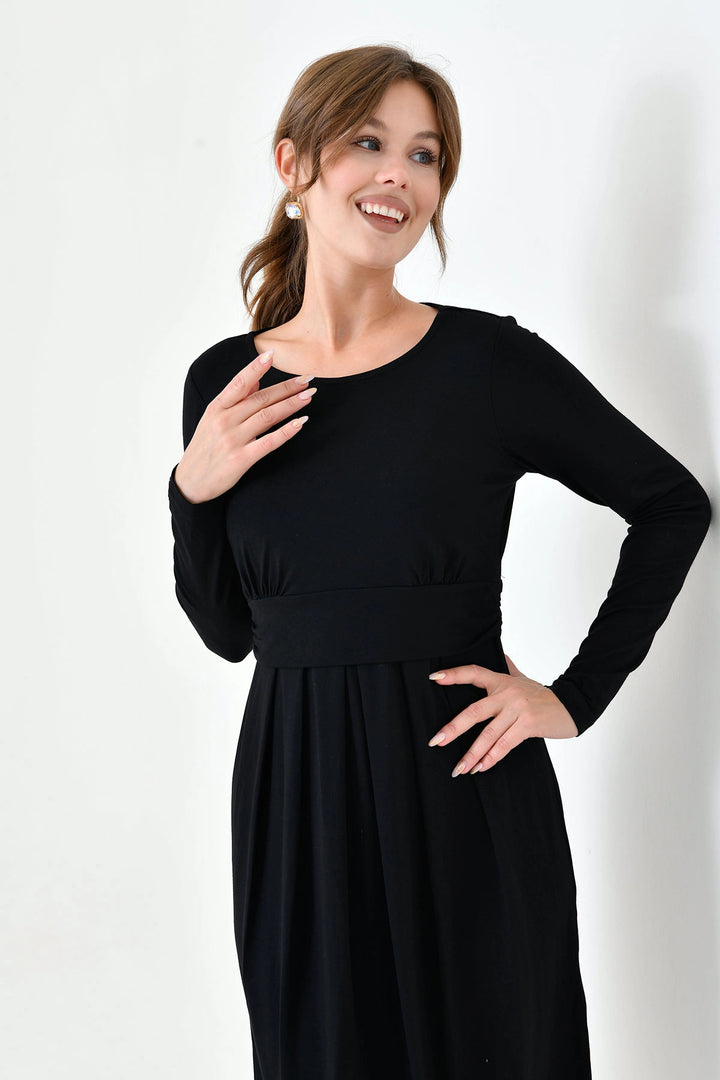 Black Bicycle Collar Pleated Wide Cut Maternity Dress BC25PKN20 - Hoogeveen