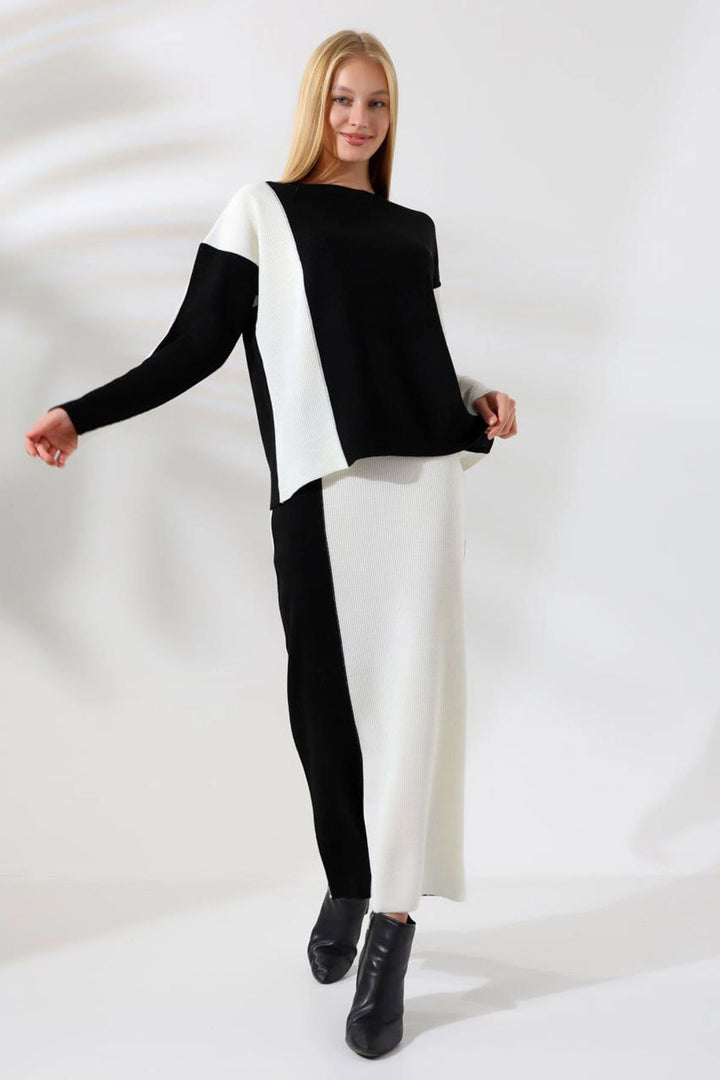 Black Bicycle Collar Color Block Sweater and Skirt 2 Piece Knit Set BCES-241000 - Spijkenisse