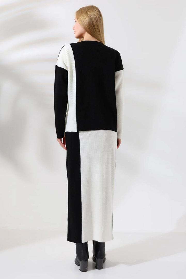 Black Bicycle Collar Color Block Sweater and Skirt 2 Piece Knit Set BCES-241000 - Spijkenisse