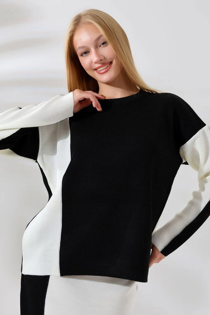 Black Bicycle Collar Color Block Sweater and Skirt 2 Piece Knit Set BCES-241000 - Spijkenisse