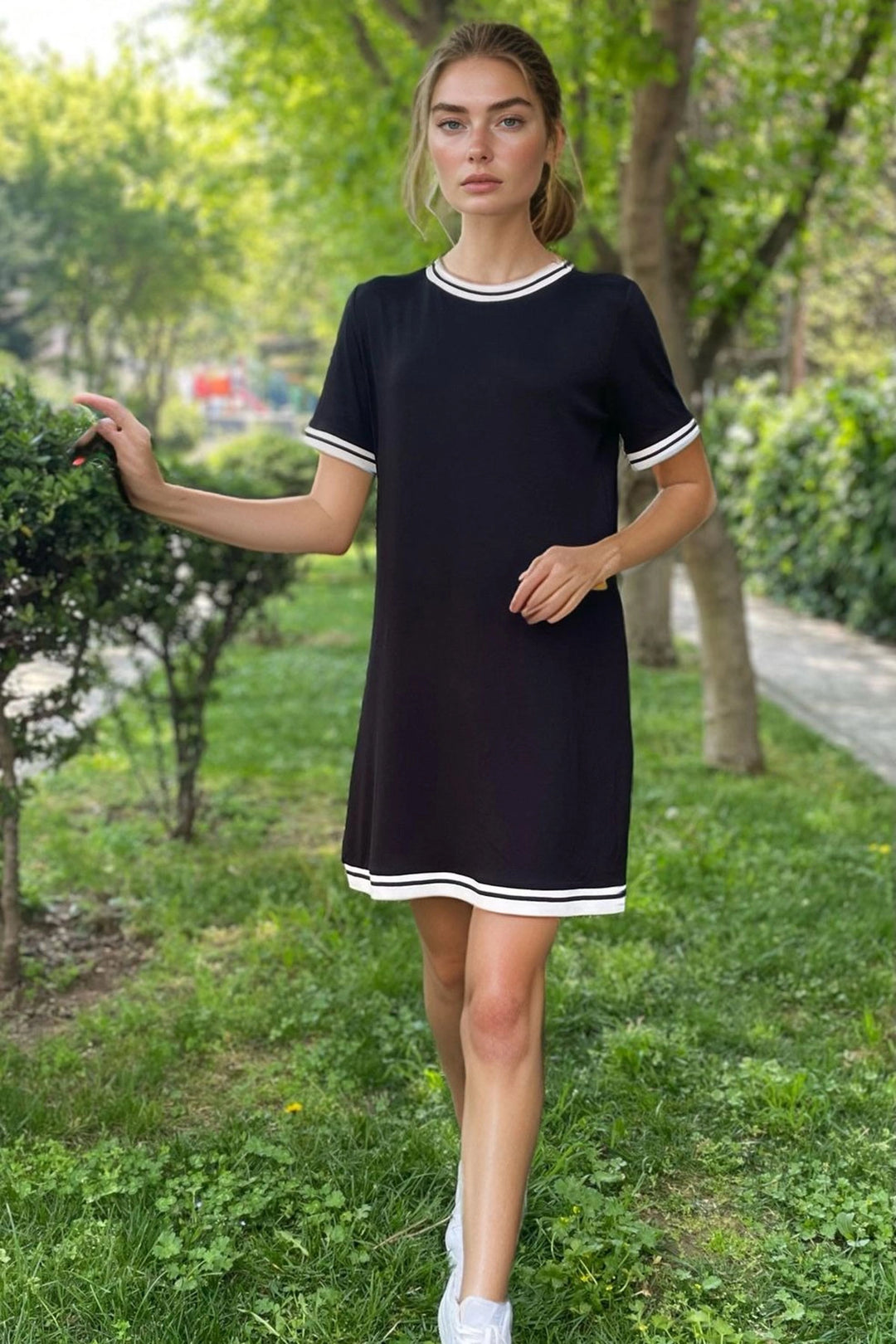 Black Bicycle Neck Ribbed Striped Comfortable Fit Viscon Dress BCVL-2530002 - Villa Victoria