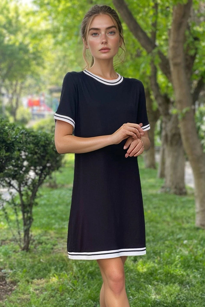 Black Bicycle Neck Ribbed Striped Comfortable Fit Viscon Dress BCVL-2530002 - Villa Victoria