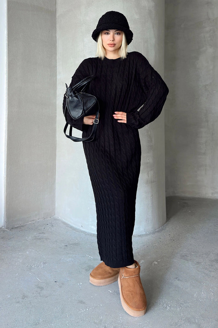 Black Bicycle Collar Hair Braided Midi Length Winter Knit Dress BCVL-T24ELB1 - Aurich