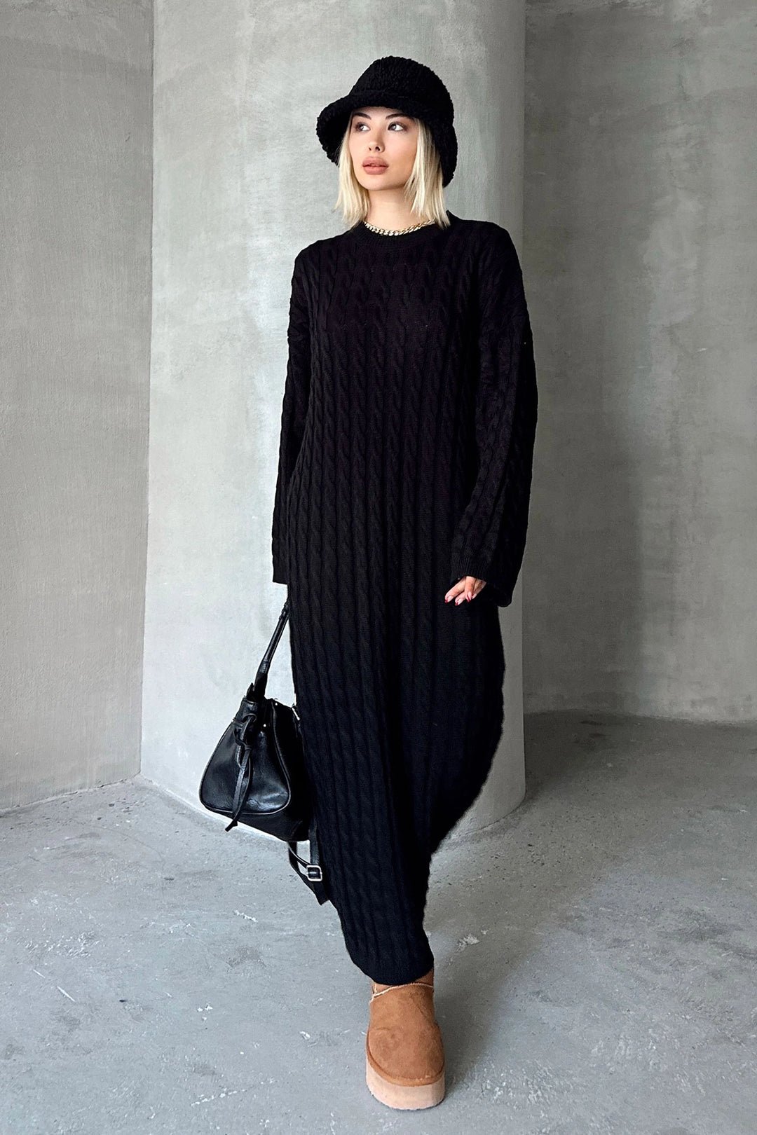 Black Bicycle Collar Hair Braided Midi Length Winter Knit Dress BCVL-T24ELB1 - Aurich