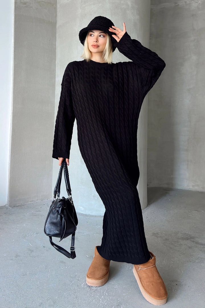 Black Bicycle Collar Hair Braided Midi Length Winter Knit Dress BCVL-T24ELB1 - Aurich