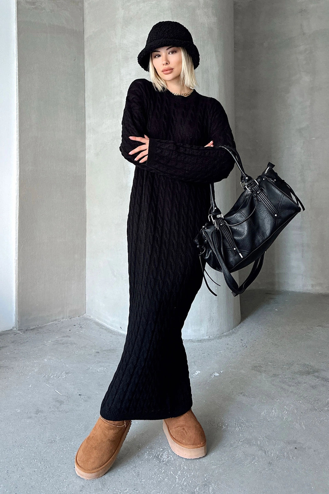 Black Bicycle Collar Hair Braided Midi Length Winter Knit Dress BCVL-T24ELB1 - Aurich