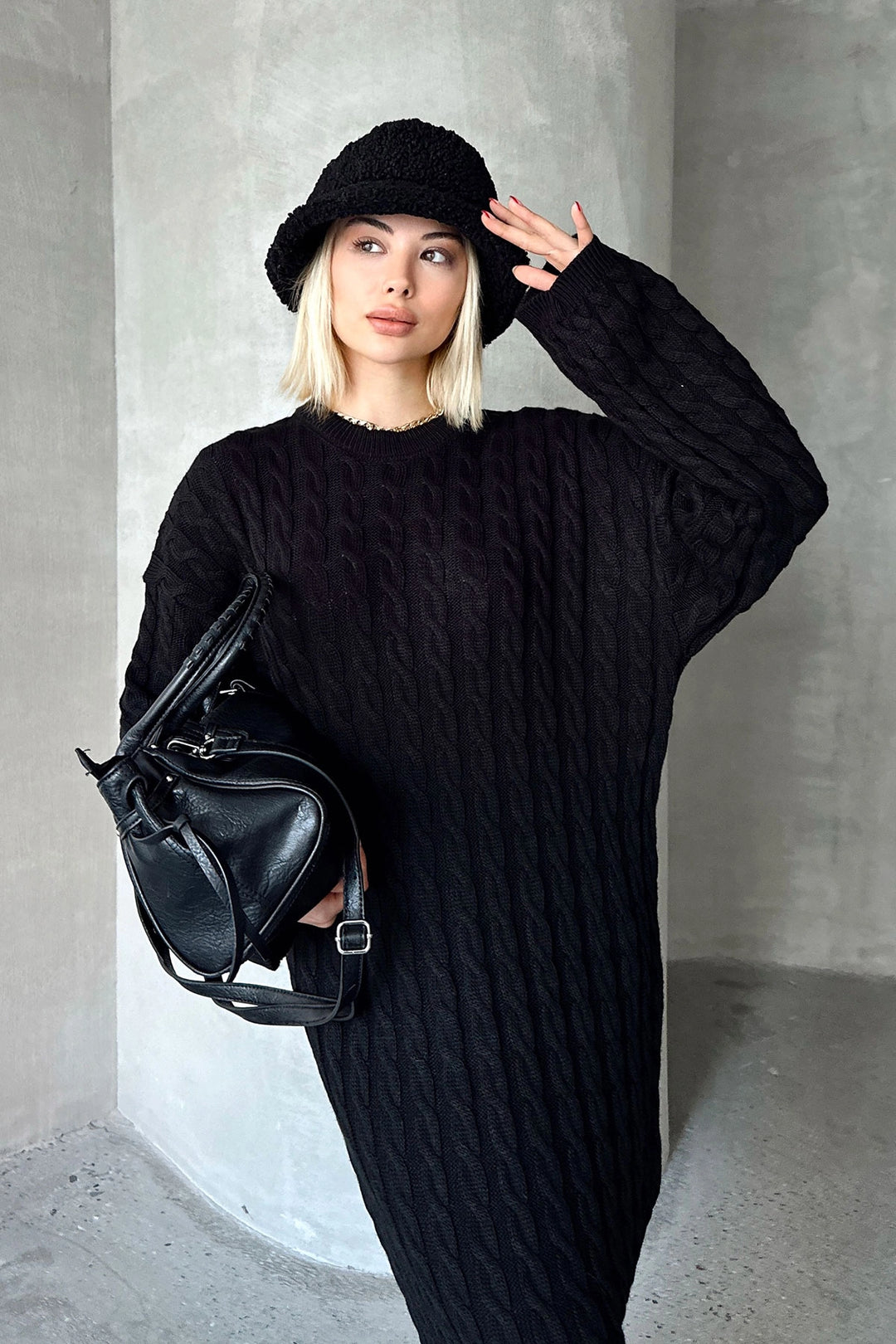 Black Bicycle Collar Hair Braided Midi Length Winter Knit Dress BCVL-T24ELB1 - Aurich
