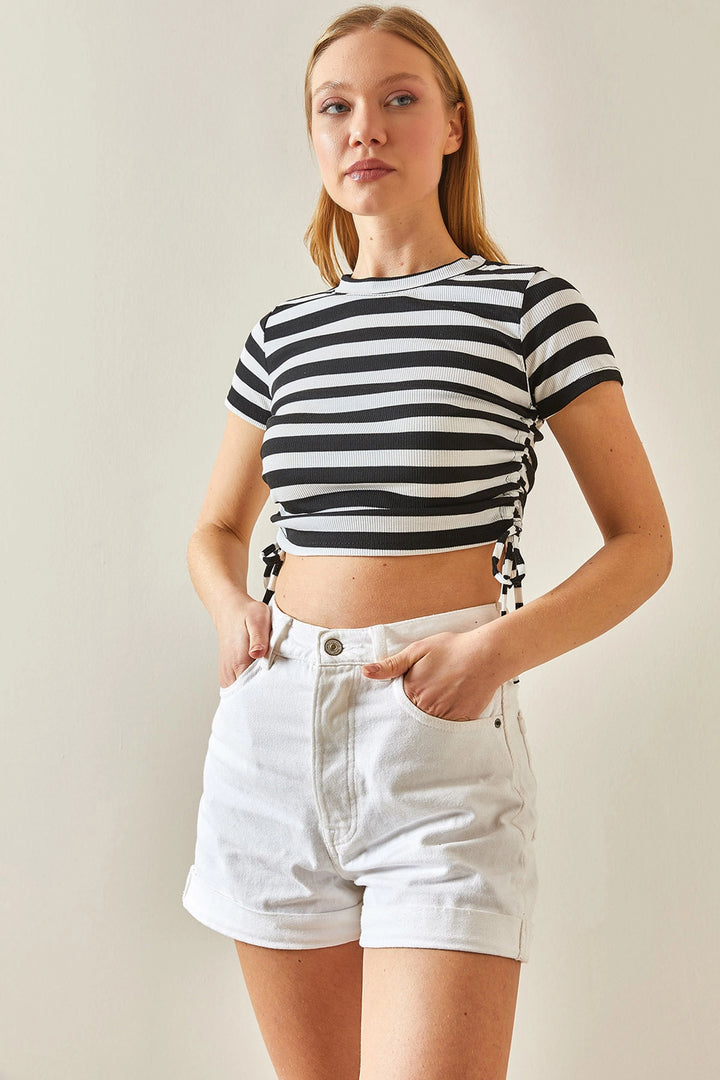 Black Bicycle Collar Side Ruched Striped Corset Blouse BC241064 - Lauderhill