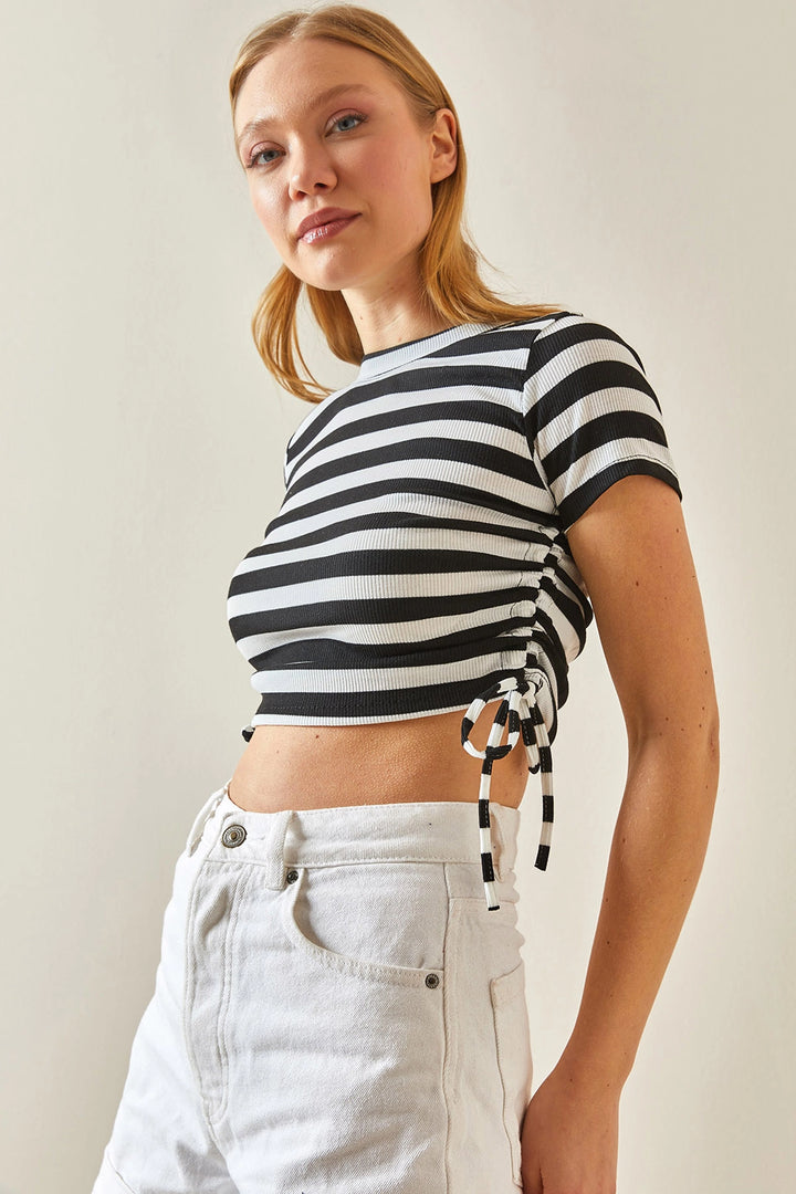 Black Bicycle Collar Side Ruched Striped Corset Blouse BC241064 - Lauderhill