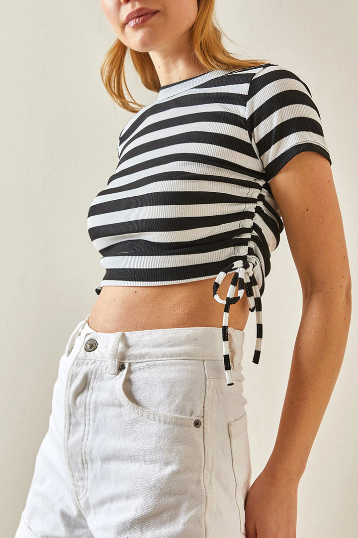 Black Bicycle Collar Side Ruched Striped Corset Blouse BC241064 - Lauderhill