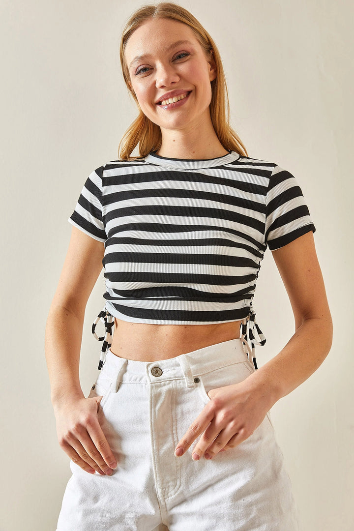 Black Bicycle Collar Side Ruched Striped Corset Blouse BC241064 - Lauderhill