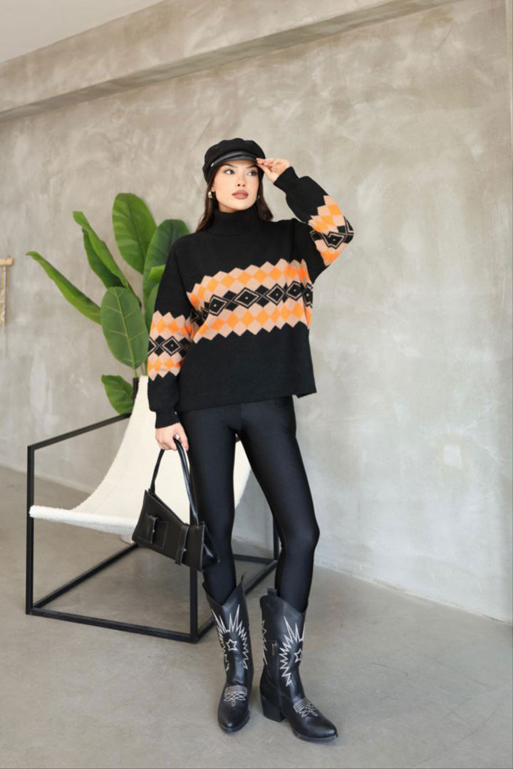 Black Turtleneck Patterned Sweater BCES-252010 - Rocky Mount