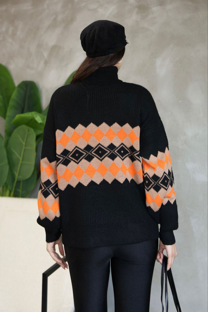Black Turtleneck Patterned Sweater BCES-252010 - Rocky Mount
