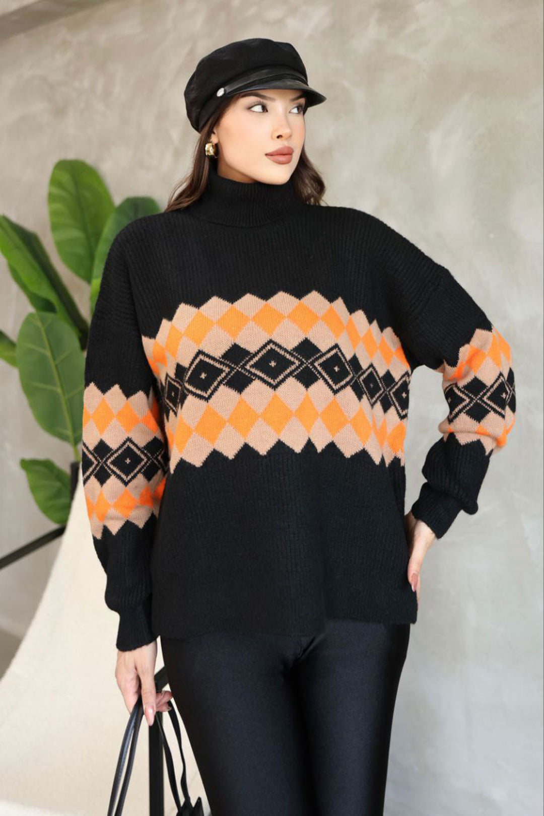 Black Turtleneck Patterned Sweater BCES-252010 - Rocky Mount