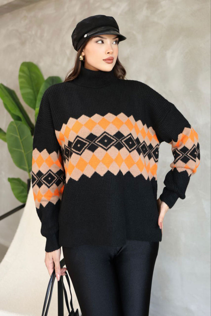 Black Turtleneck Patterned Sweater BCES-252010 - Rocky Mount