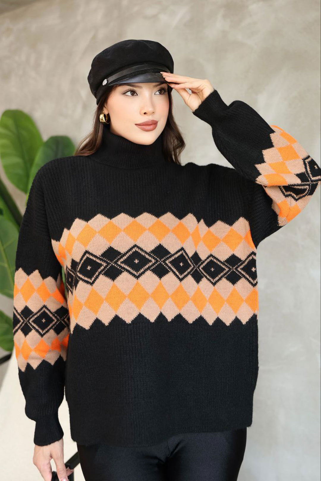 Black Turtleneck Patterned Sweater BCES-252010 - Rocky Mount