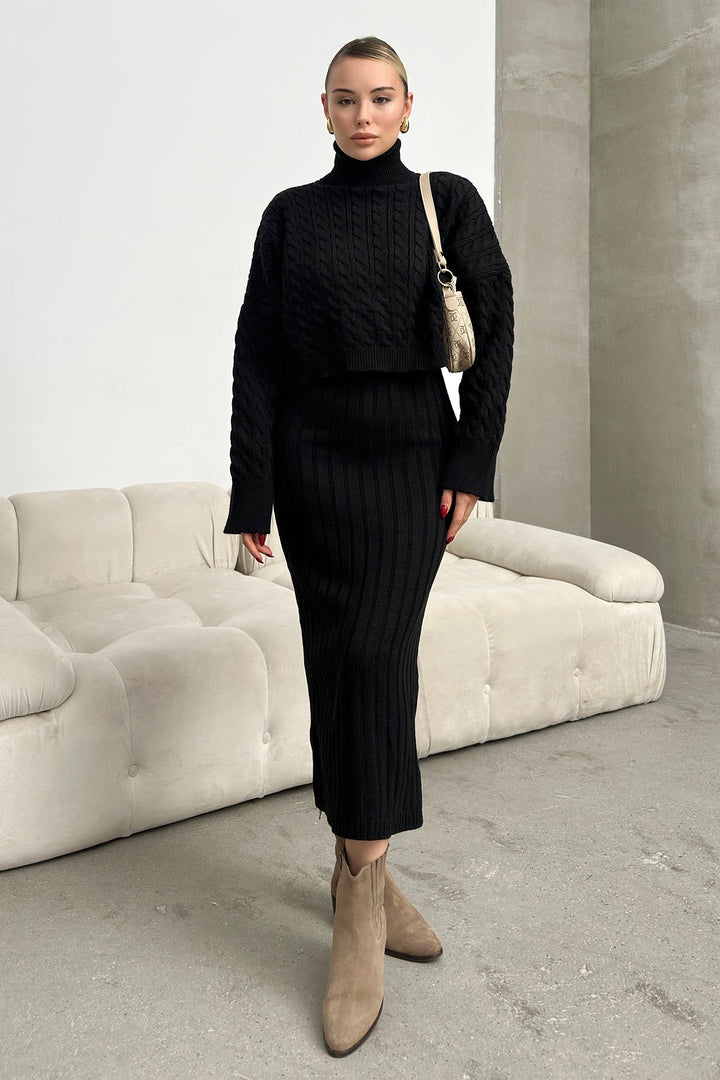 Black Turtleneck Knitted Crop Sweater and Knitted Dress Set BC231004 - Pikesville