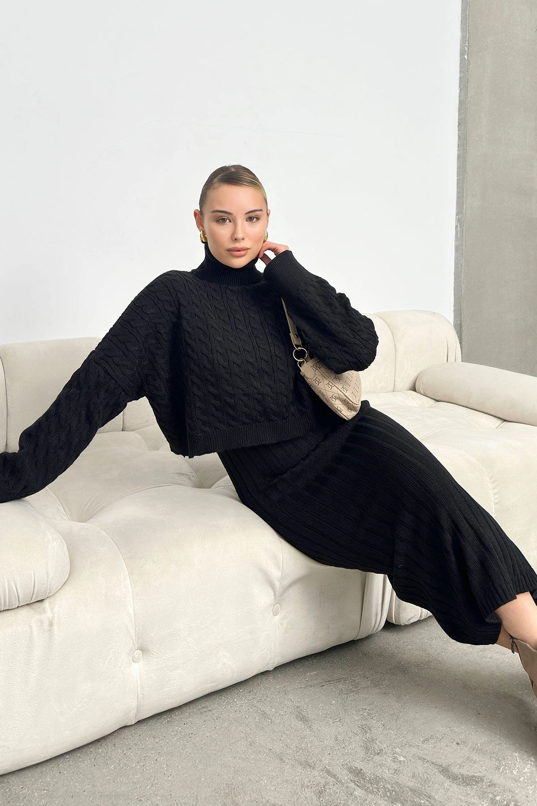 Black Turtleneck Knitted Crop Sweater and Knitted Dress Set BC231004 - Pikesville