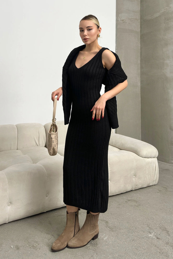 Black Turtleneck Knitted Crop Sweater and Knitted Dress Set BC231004 - Pikesville