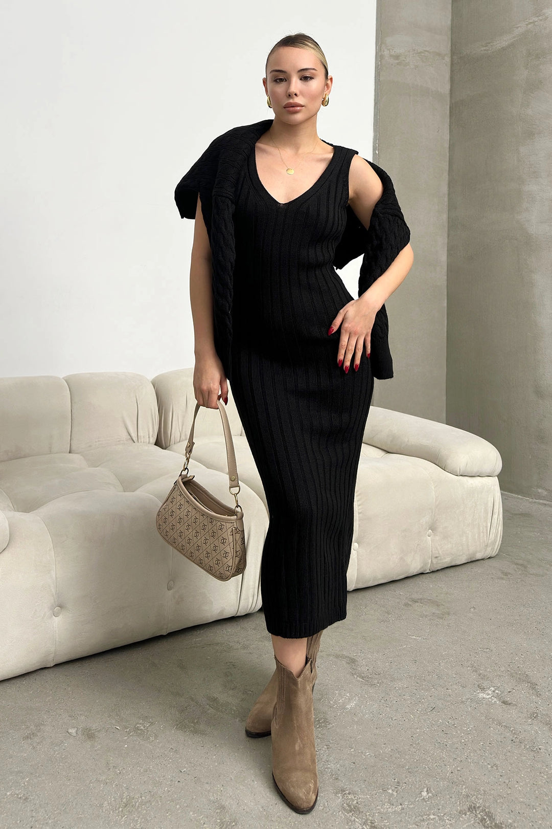 Black Turtleneck Knitted Crop Sweater and Knitted Dress Set BC231004 - Pikesville