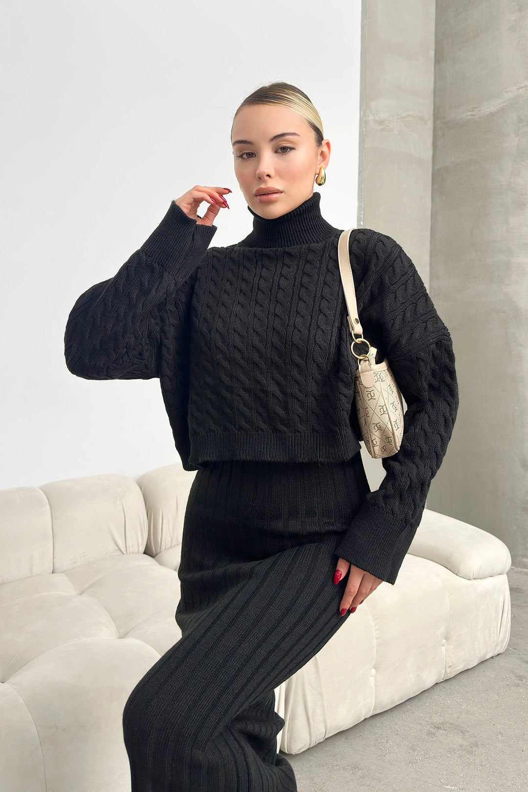 Black Turtleneck Knitted Crop Sweater and Knitted Dress Set BC231004 - Pikesville