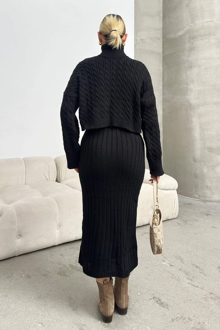 Black Turtleneck Knitted Crop Sweater and Knitted Dress Set BC231004 - Pikesville