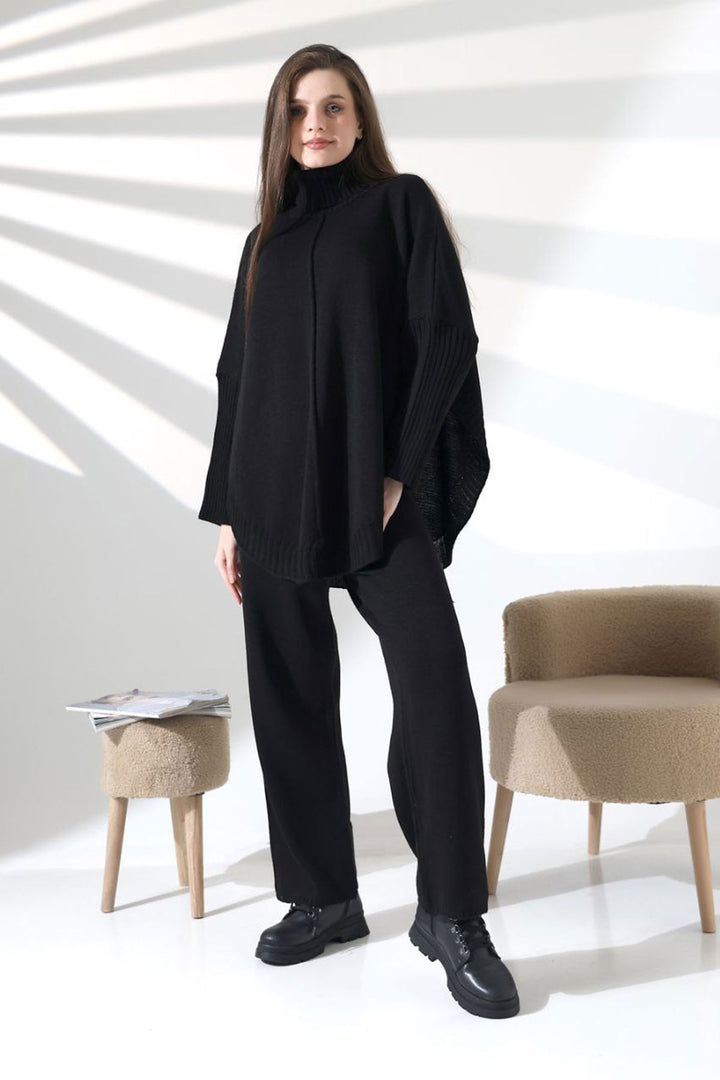 Black Turtleneck Loose Fit Sweater and Slim Fit Pants Top Bottom Knit Set BCES-252033 - Cape Girardeau