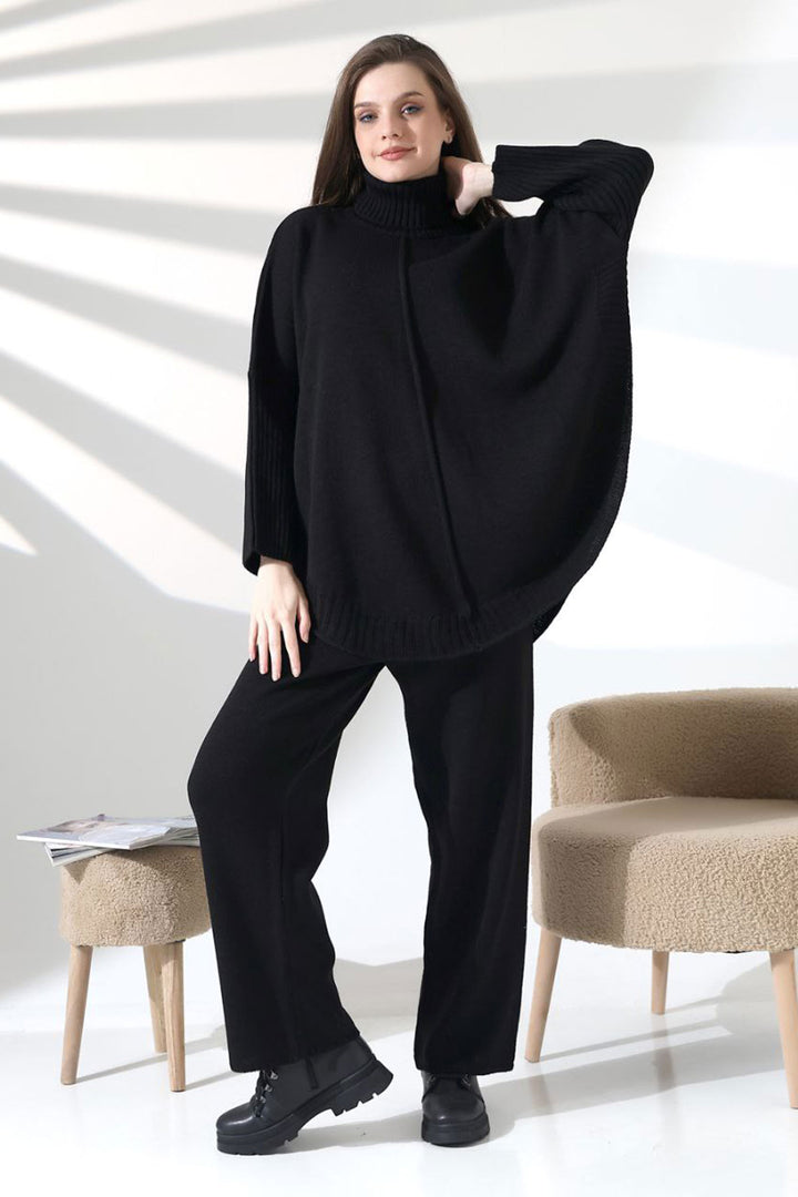 Black Turtleneck Loose Fit Sweater and Slim Fit Pants Top Bottom Knit Set BCES-252033 - Cape Girardeau