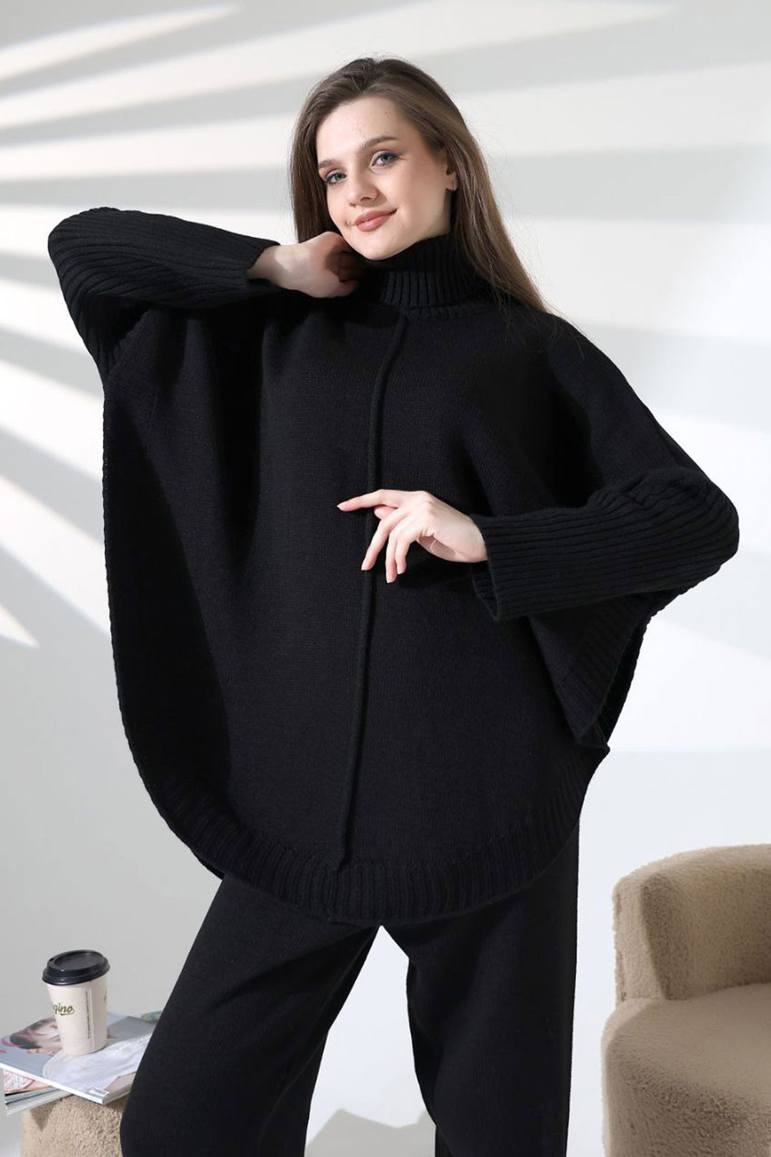 Black Turtleneck Loose Fit Sweater and Slim Fit Pants Top Bottom Knit Set BCES-252033 - Cape Girardeau