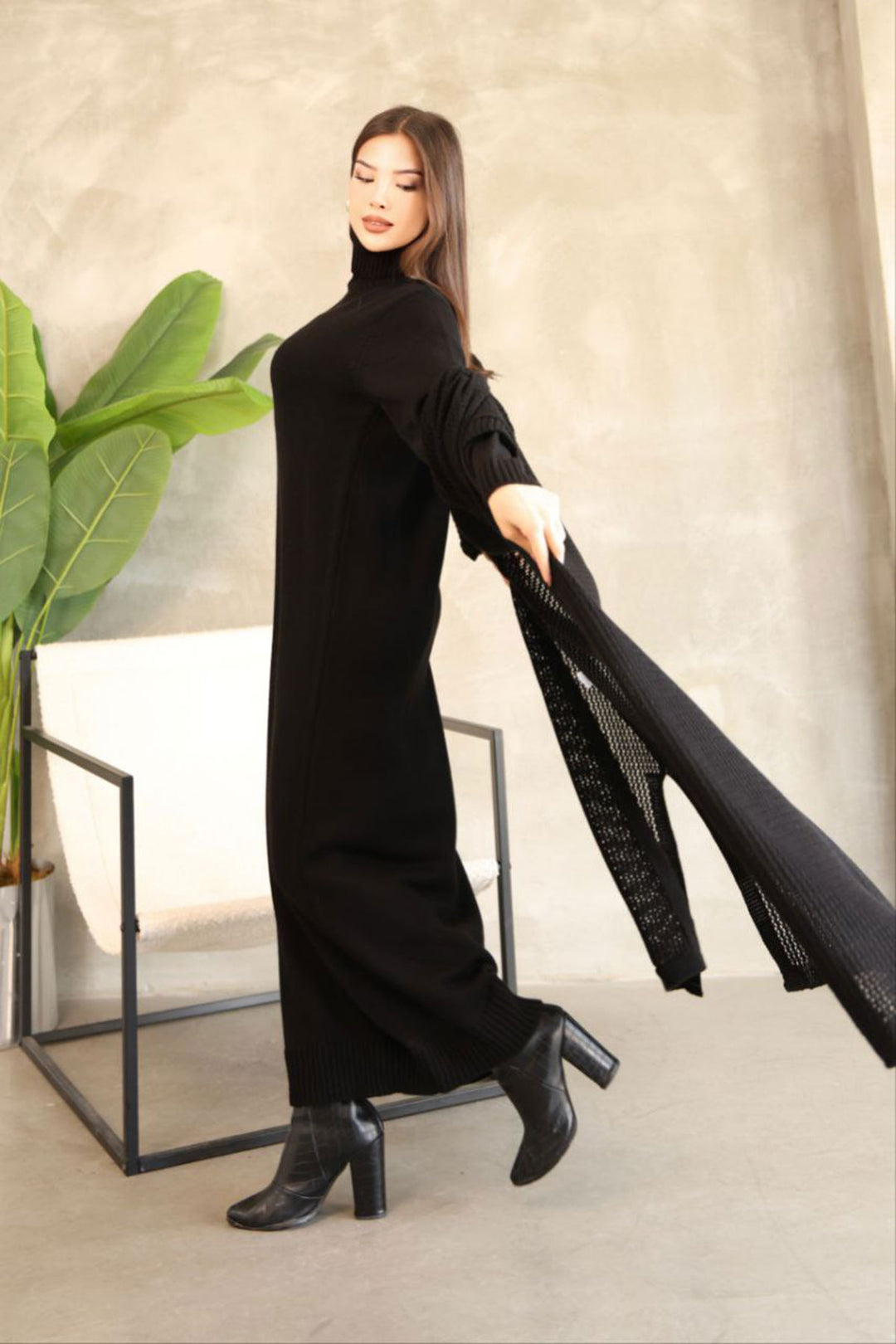 Black Turtleneck Long Sleeve Knit Dress and Long Cardigan Hijab Top Bottom Knit Set BCES-252039 - Mesa