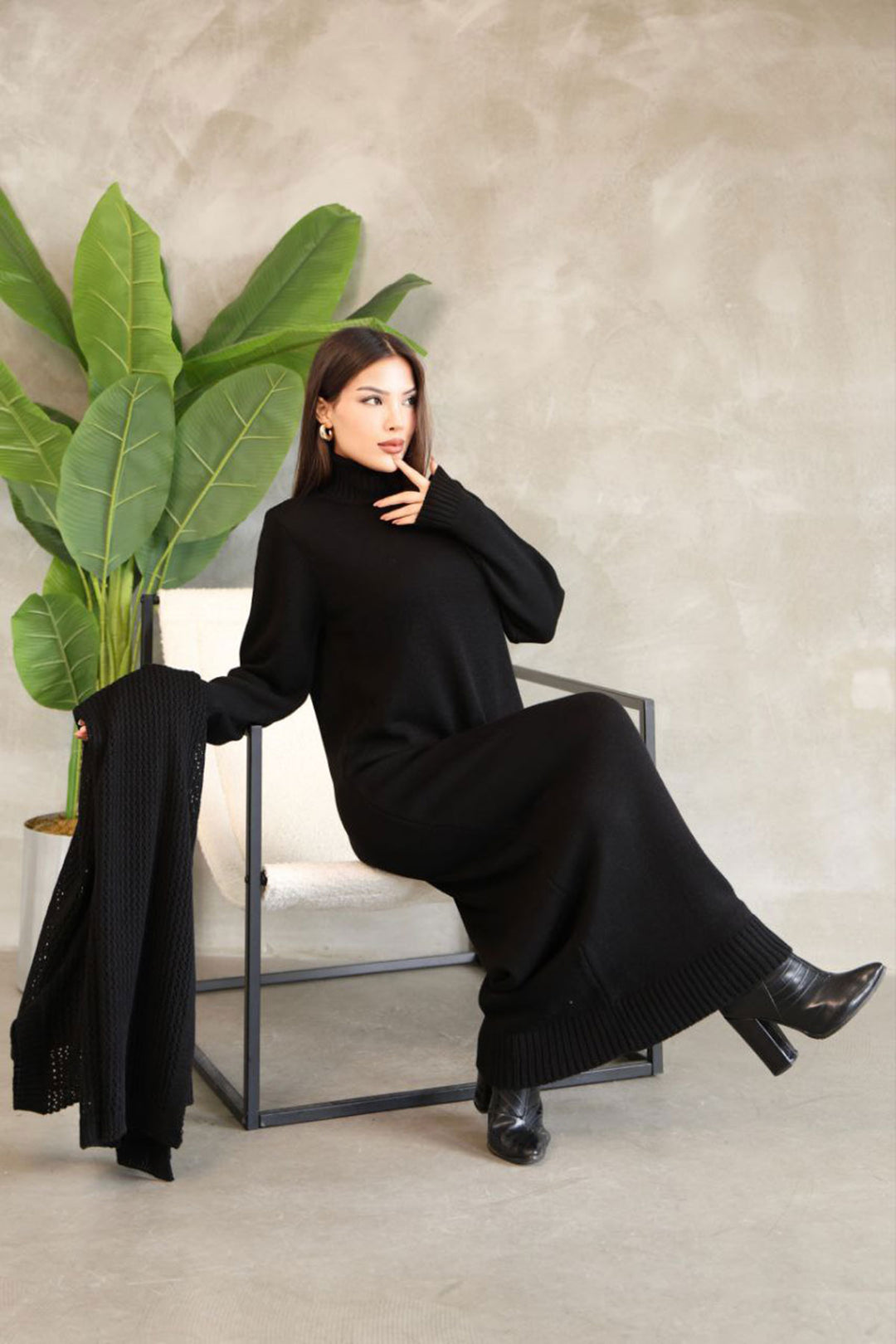 Black Turtleneck Long Sleeve Knit Dress and Long Cardigan Hijab Top Bottom Knit Set BCES-252039 - Mesa