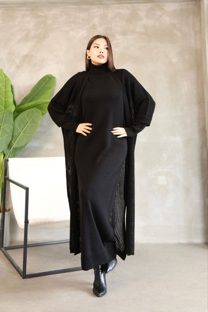 Black Turtleneck Long Sleeve Knit Dress and Long Cardigan Hijab Top Bottom Knit Set BCES-252039 - Mesa