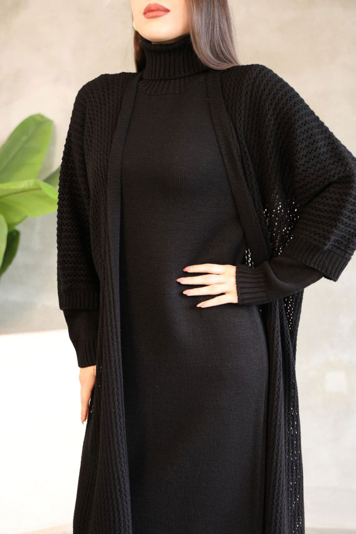 Black Turtleneck Long Sleeve Knit Dress and Long Cardigan Hijab Top Bottom Knit Set BCES-252039 - Mesa