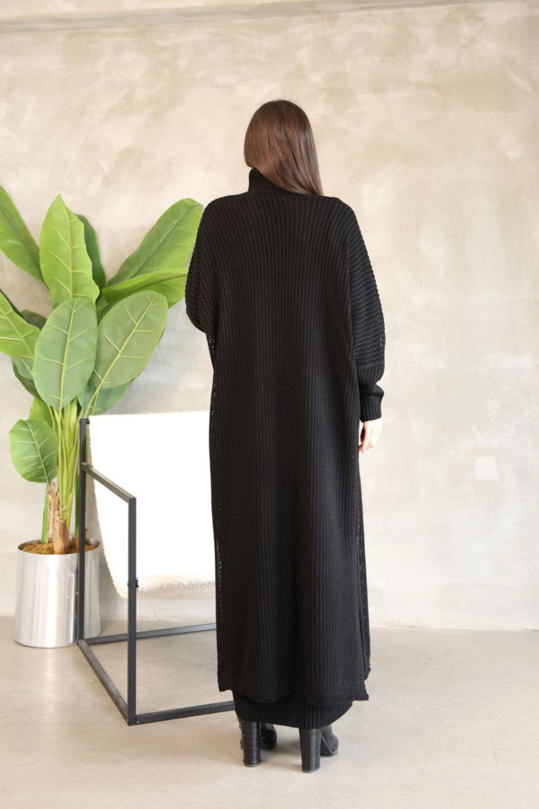 Black Turtleneck Long Sleeve Knit Dress and Long Cardigan Hijab Top Bottom Knit Set BCES-252039 - Mesa