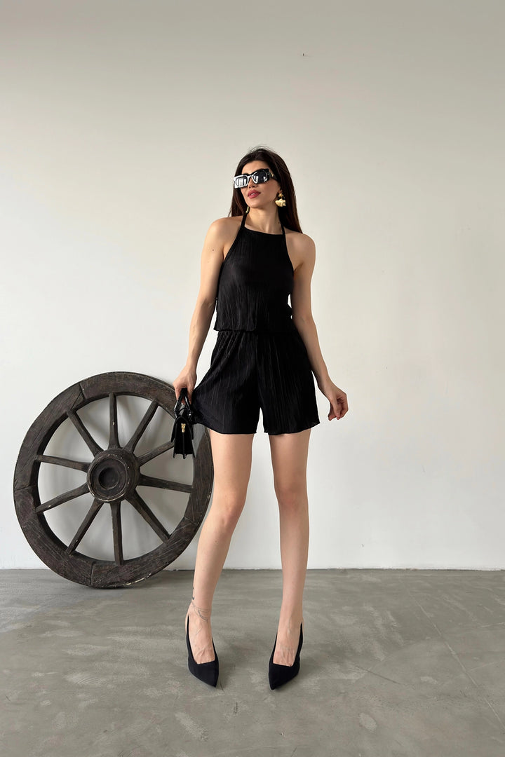 Black Collar Tied Pleated Two Piece Set BCDF-249001 - Tezoyuca