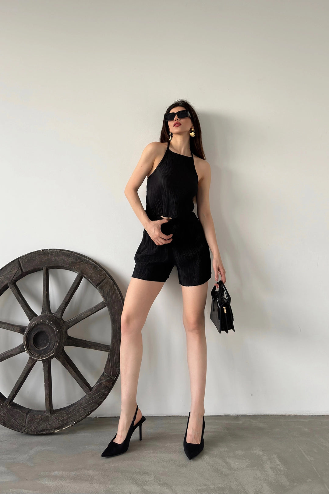 Black Collar Tied Pleated Two Piece Set BCDF-249001 - Tezoyuca