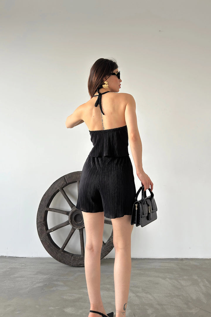 Black Collar Tied Pleated Two Piece Set BCDF-249001 - Tezoyuca