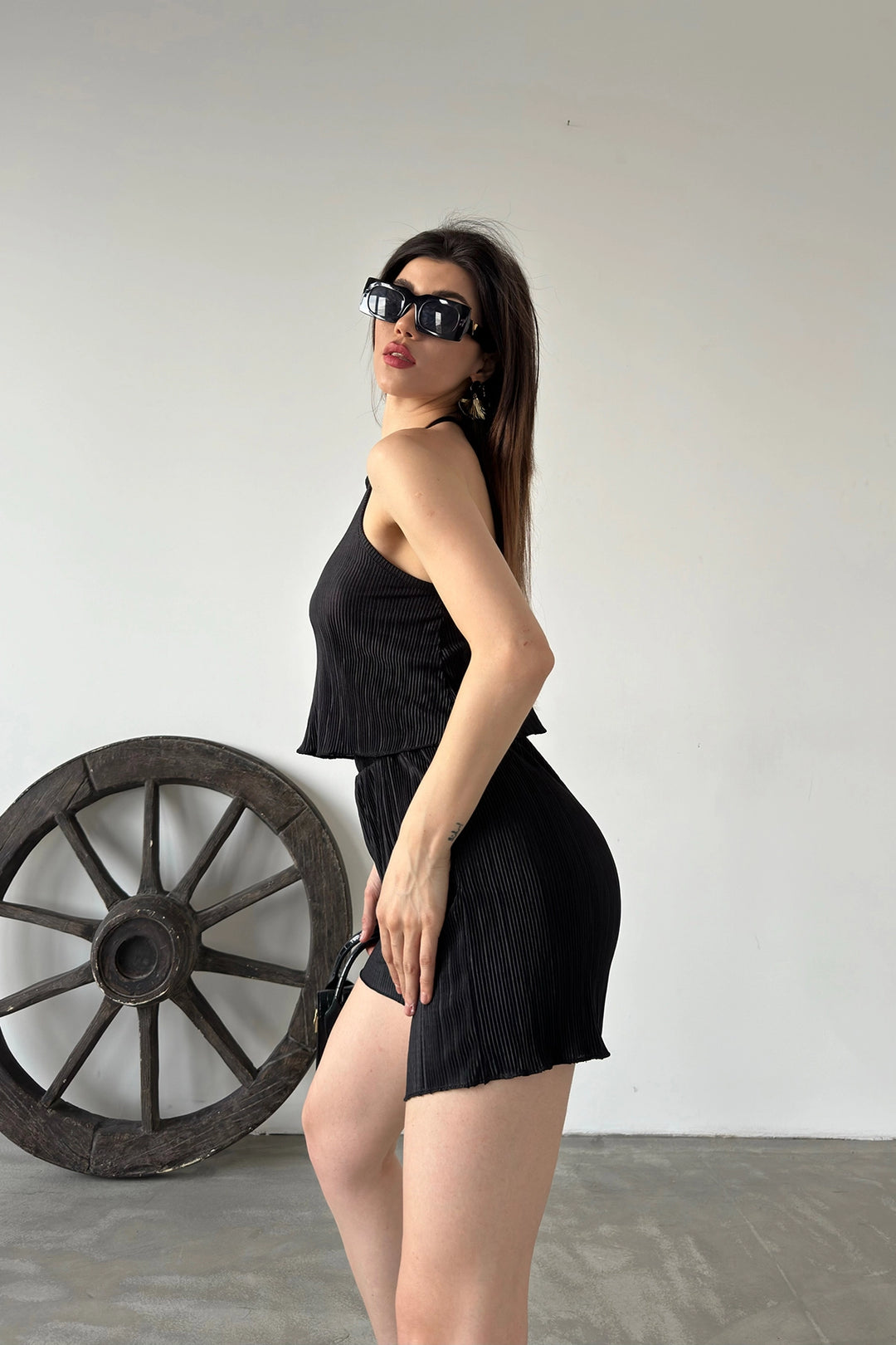 Black Collar Tied Pleated Two Piece Set BCDF-249001 - Tezoyuca