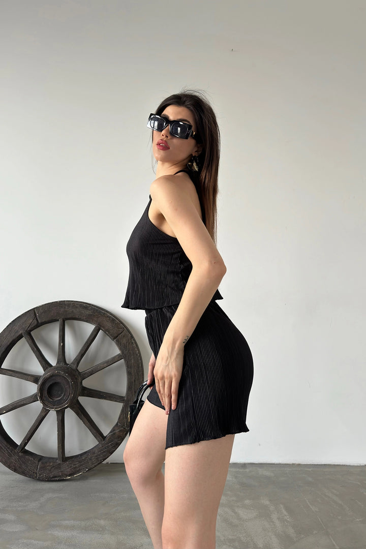 Black Collar Tied Pleated Two Piece Set BCDF-249001 - Tezoyuca