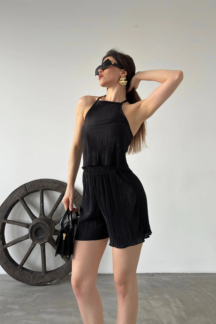 Black Collar Tied Pleated Two Piece Set BCDF-249001 - Tezoyuca