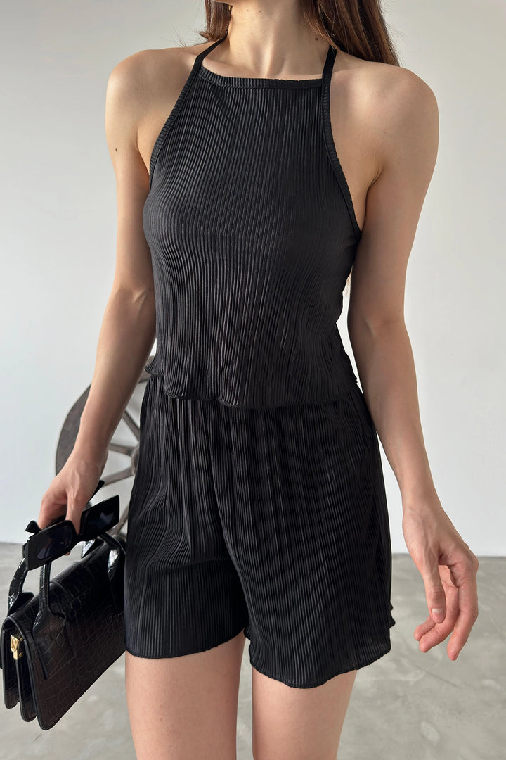 Black Collar Tied Pleated Two Piece Set BCDF-249001 - Tezoyuca