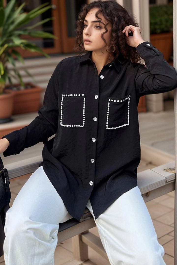 Black Pocket Stone Detailed Long Sleeve Shirt BCBSK-25700-3594 - Muncie